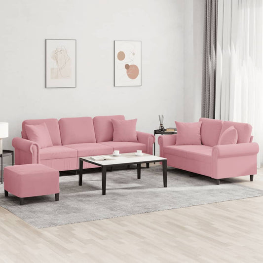 Set di Divani 3 pz con Cuscini Rosa in Velluto