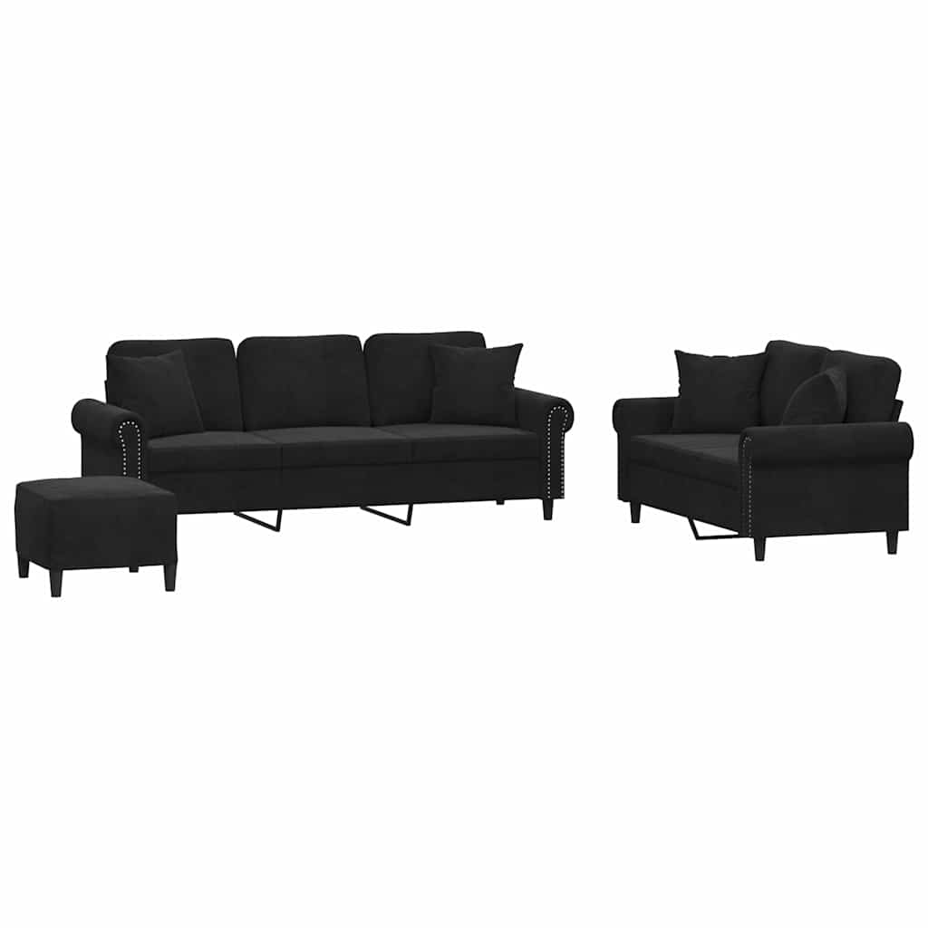 Set di Divani 3 pz con Cuscini Nero in Velluto | homemem39