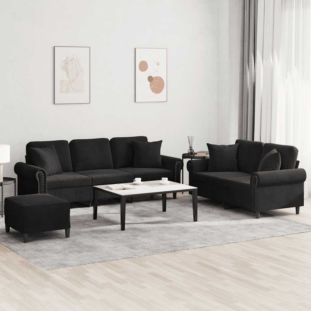 Set di Divani 3 pz con Cuscini Nero in Velluto | homemem39