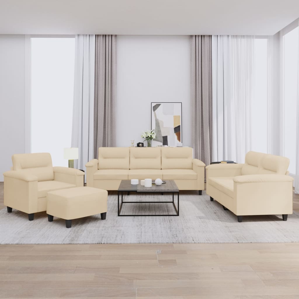 Set Divani 4 pz con Cuscini Crema in Tessuto Microfibra | homemem39