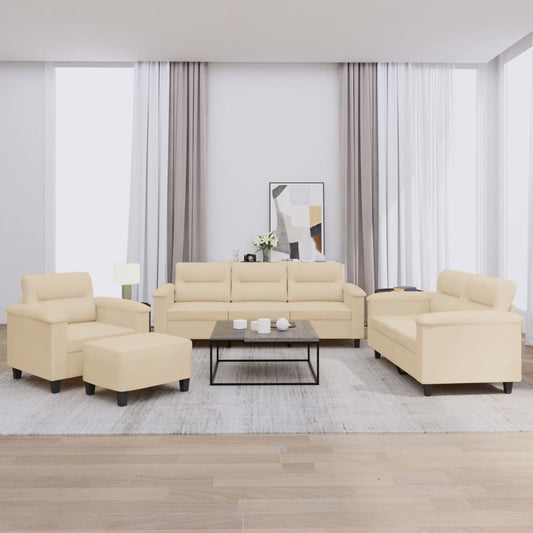 Set Divani 4 pz con Cuscini Crema in Tessuto Microfibra - homemem39