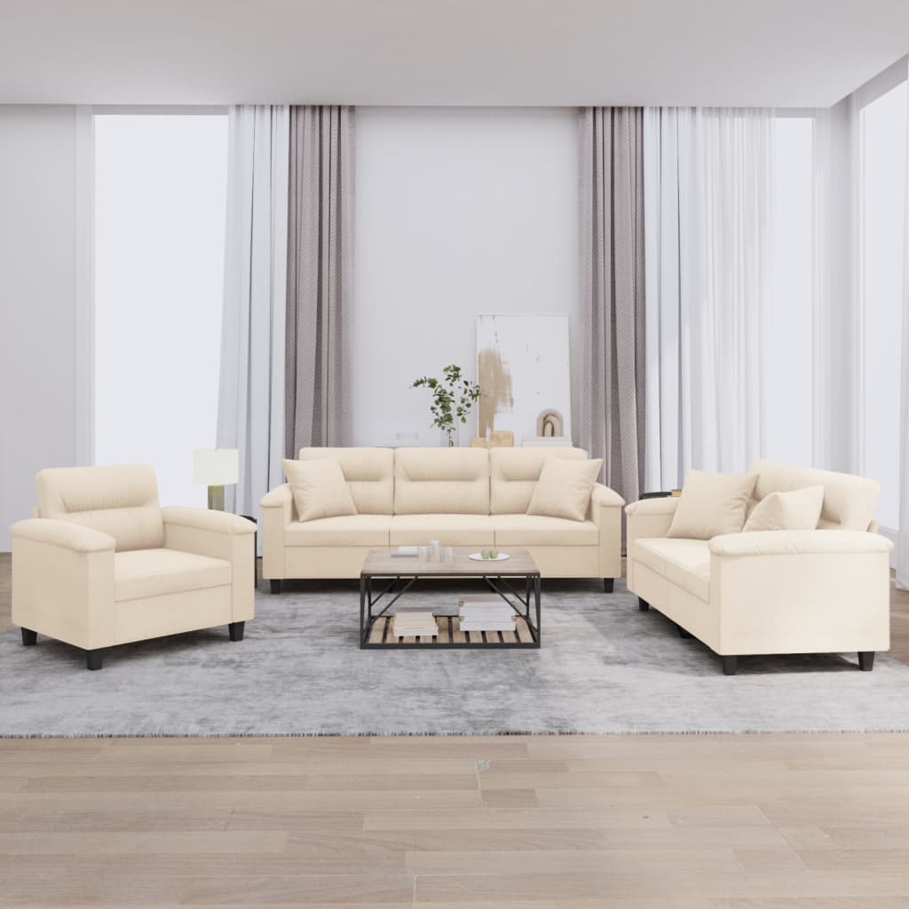 Set Divani 3 pz con Cuscini Beige in Tessuto Microfibra