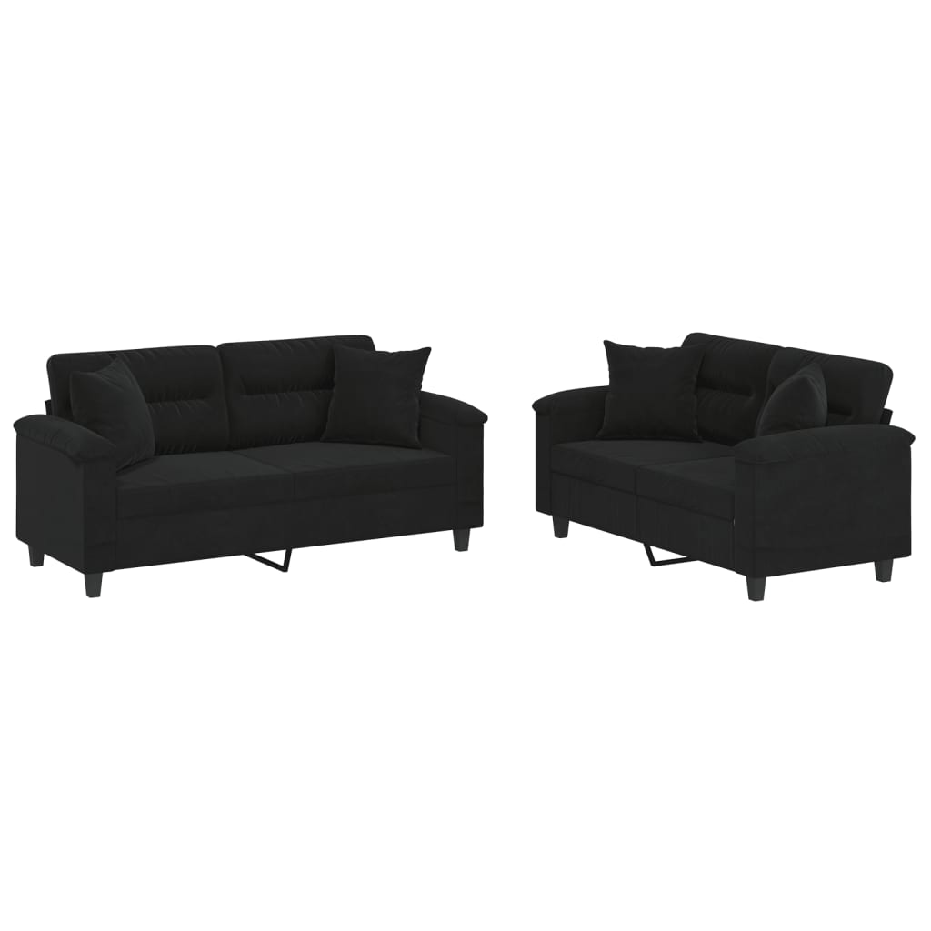 Set Divani 2 pz con Cuscini Nero in Tessuto Microfibra | homemem39