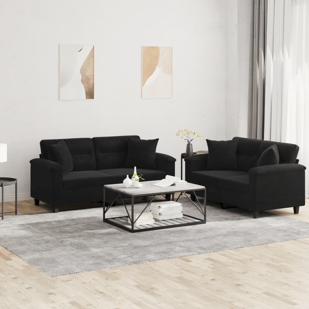 Set Divani 2 pz con Cuscini Nero in Tessuto Microfibra | homemem39