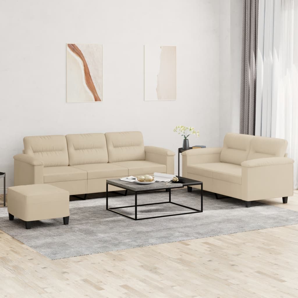 Set Divani 3 pz con Cuscini Crema in Tessuto Microfibra | homemem39