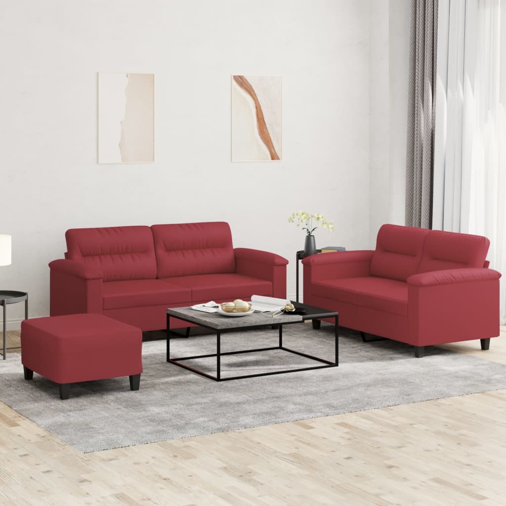 Set di Divani 3 pz con Cuscini Rosso Vino in Similpelle