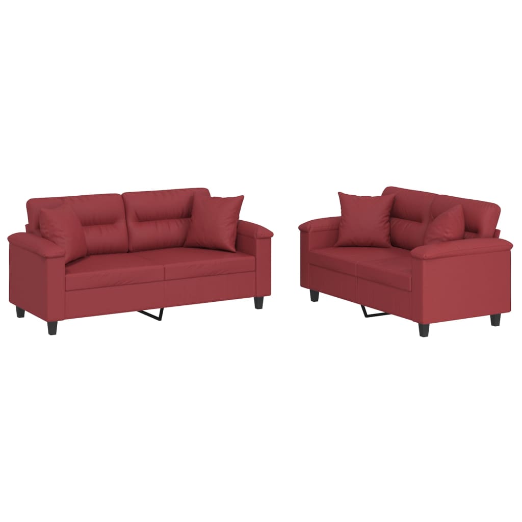 Set di Divani 2 pz con Cuscini Rosso Vino in Similpelle