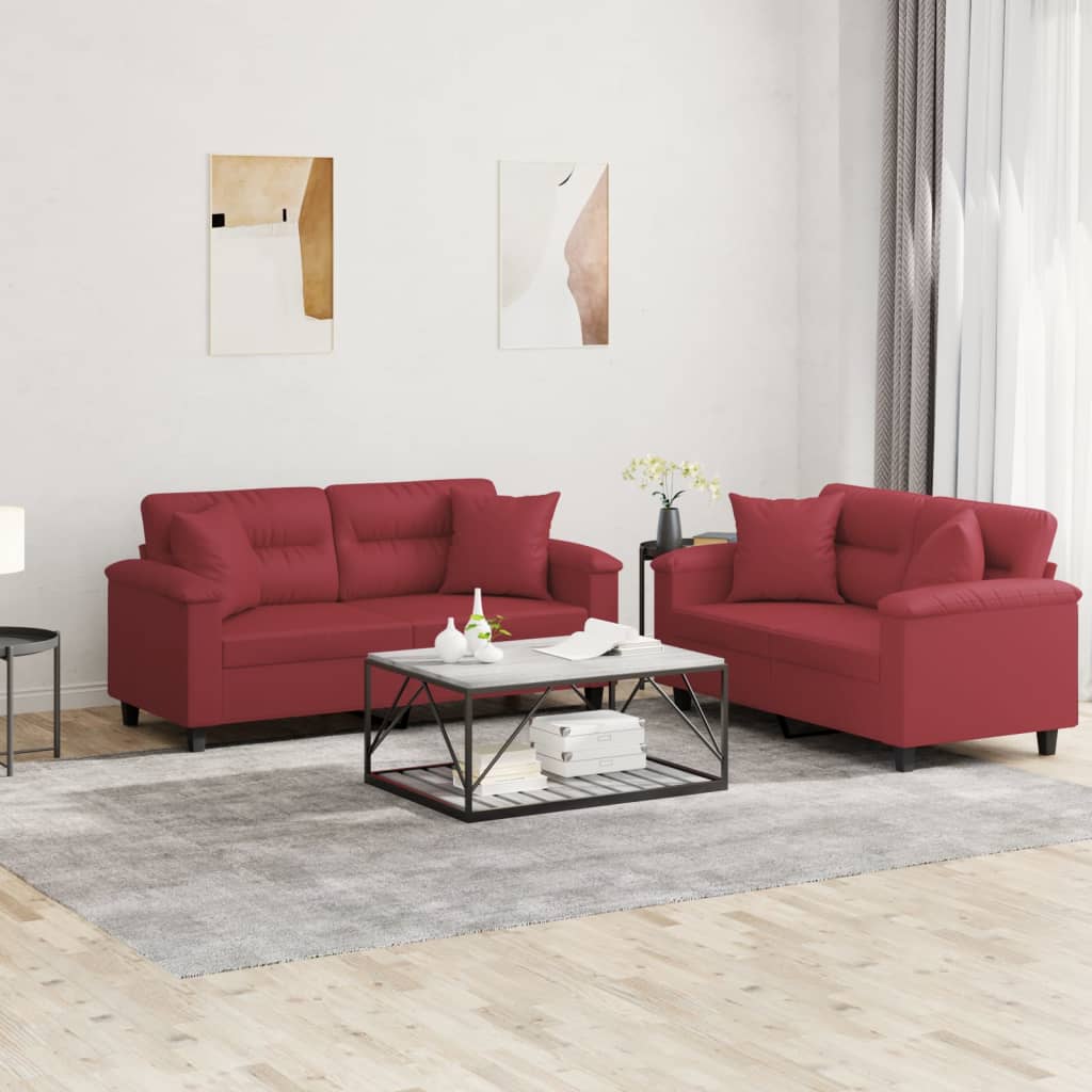 Set di Divani 2 pz con Cuscini Rosso Vino in Similpelle