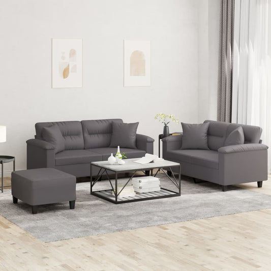 Set di Divani 3 pz con Cuscini Grigio in Similpelle