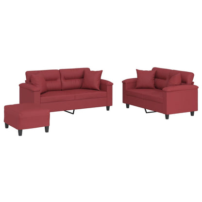 Set di Divani 3 pz con Cuscini Rosso Vino in Similpelle