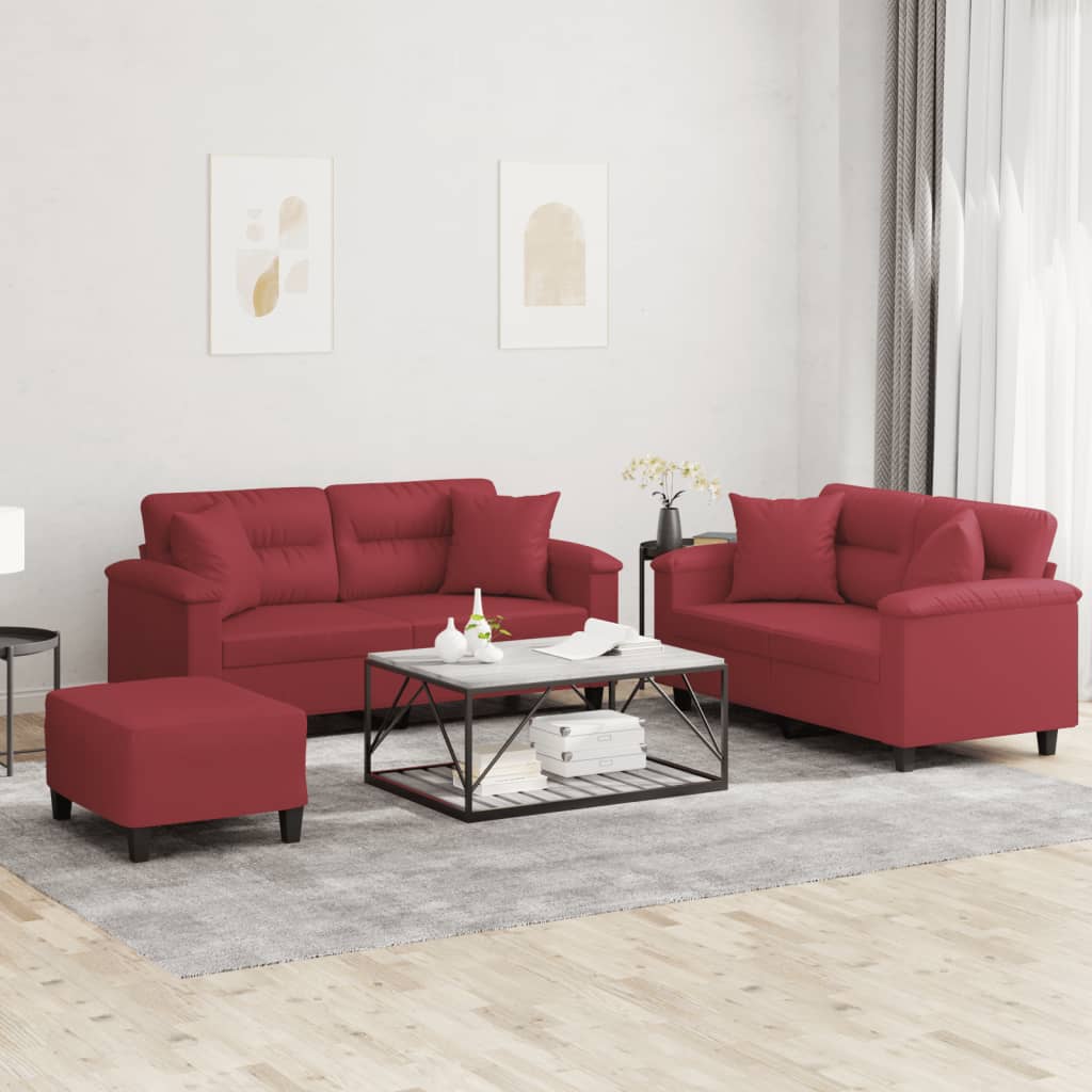 Set di Divani 3 pz con Cuscini Rosso Vino in Similpelle