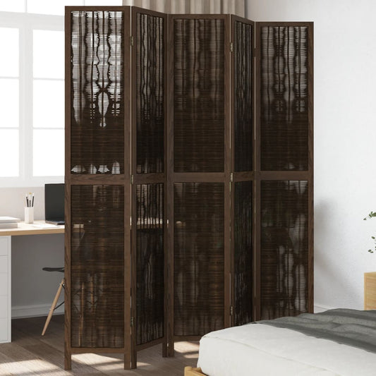 Room Divider 5 Panels Dark Brown Solid Paulownia