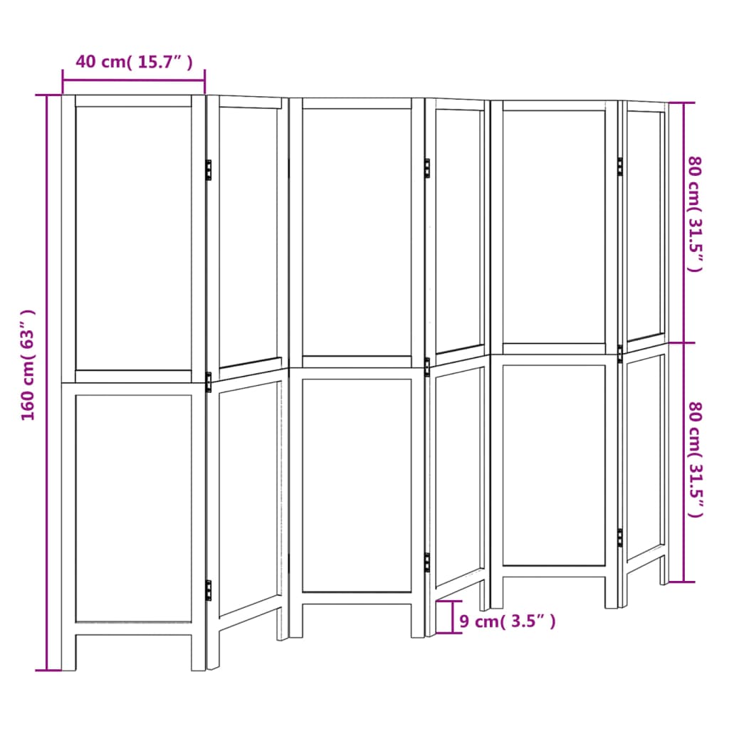 Room Divider 6 Panels Dark Brown Solid Paulownia