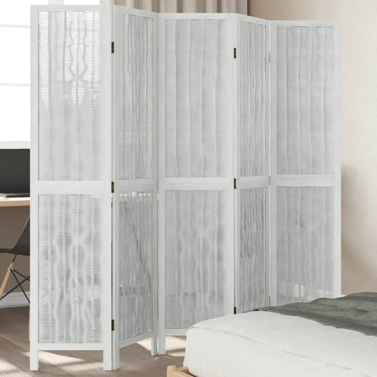 Room Divider 5 Panels White Solid Paulownia Wood