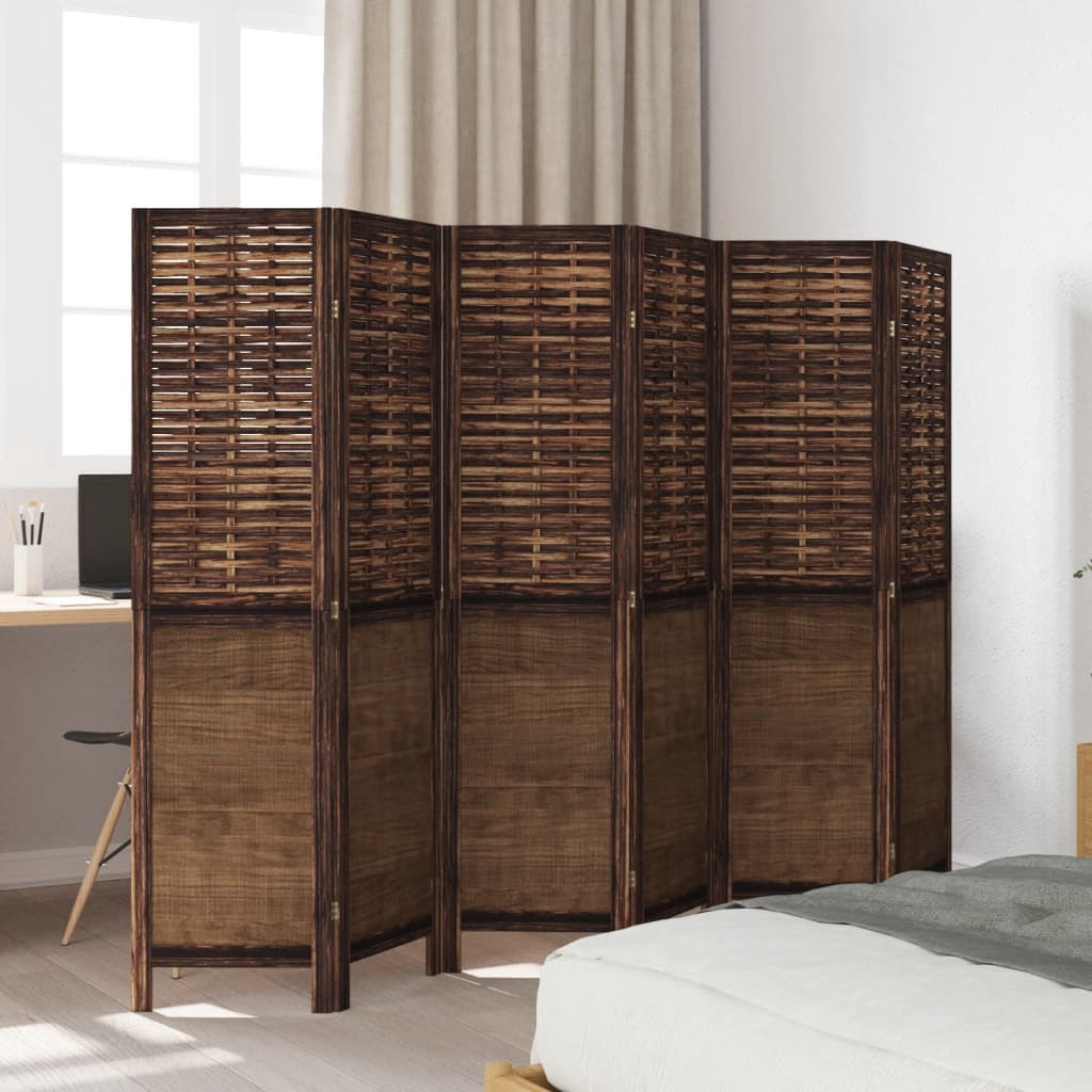 Room Divider 6 Panels Dark Brown Solid Paulownia