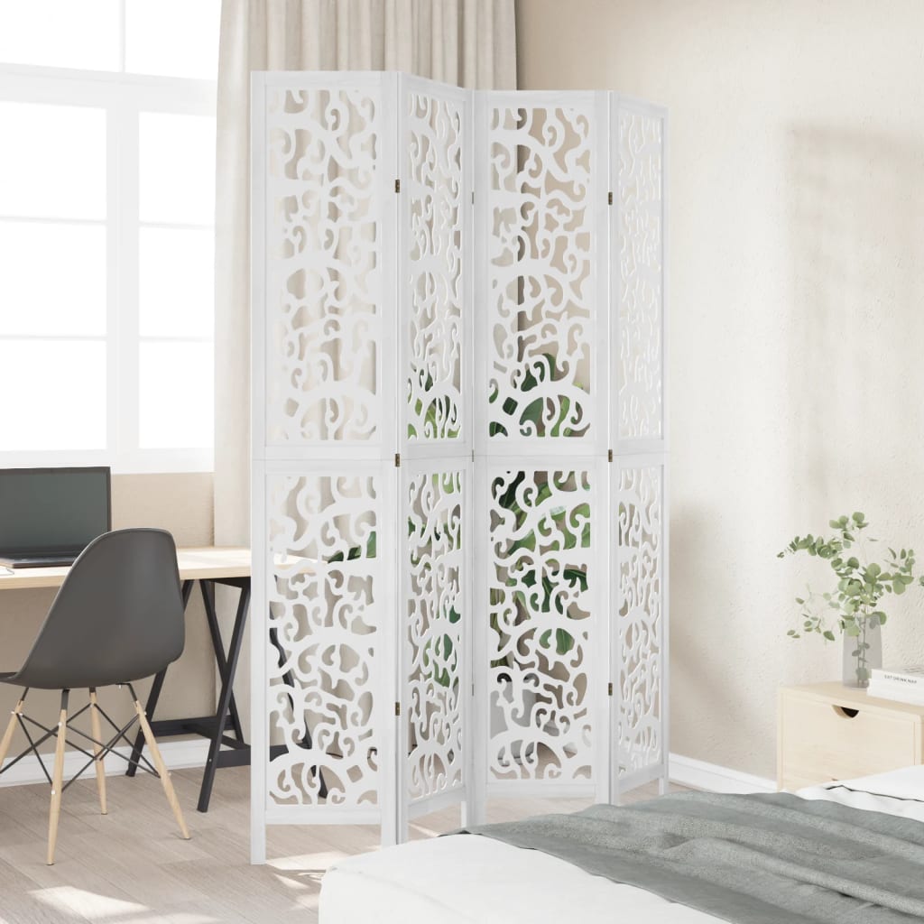 Room Divider 4 Panels White Solid Paulownia Wood