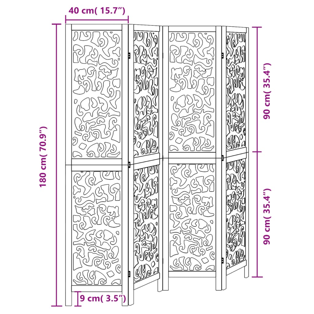 Divisorio Ambienti 4 Pannelli Nero Legno Massello di Paulownia