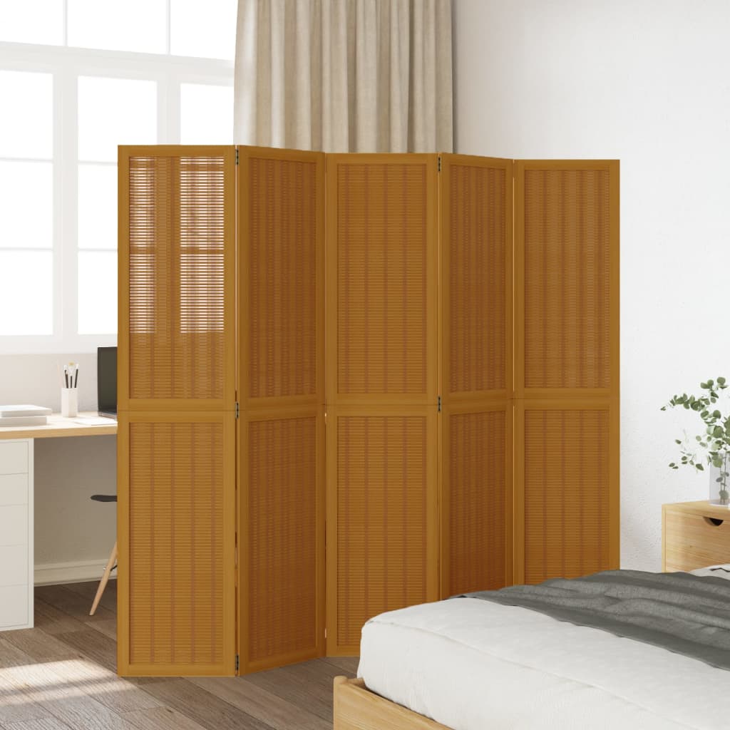 Room Divider 5 Panels Brown Solid Paulownia Wood