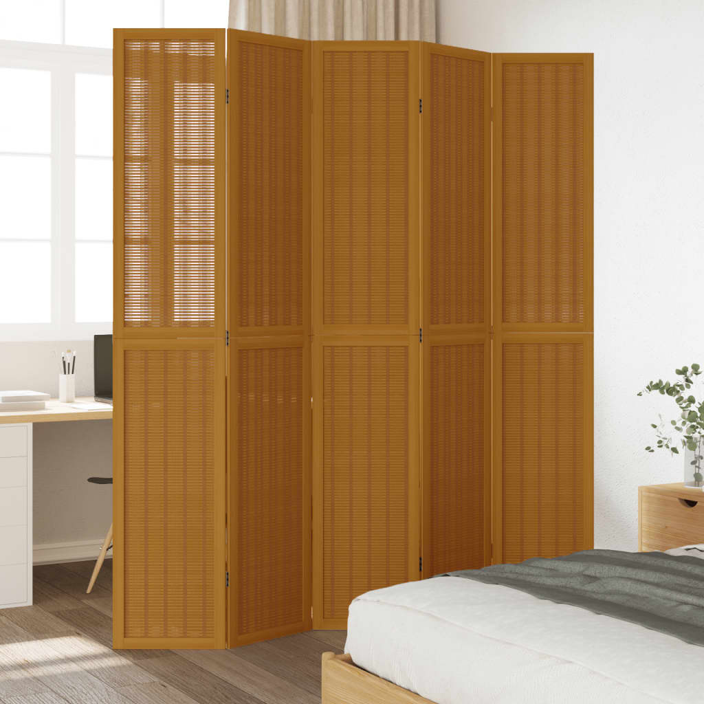 Room Divider 5 Panels Brown Solid Paulownia Wood