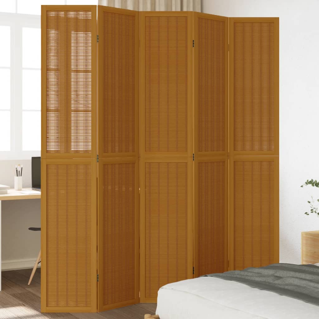 Room Divider 5 Panels Brown Solid Paulownia Wood