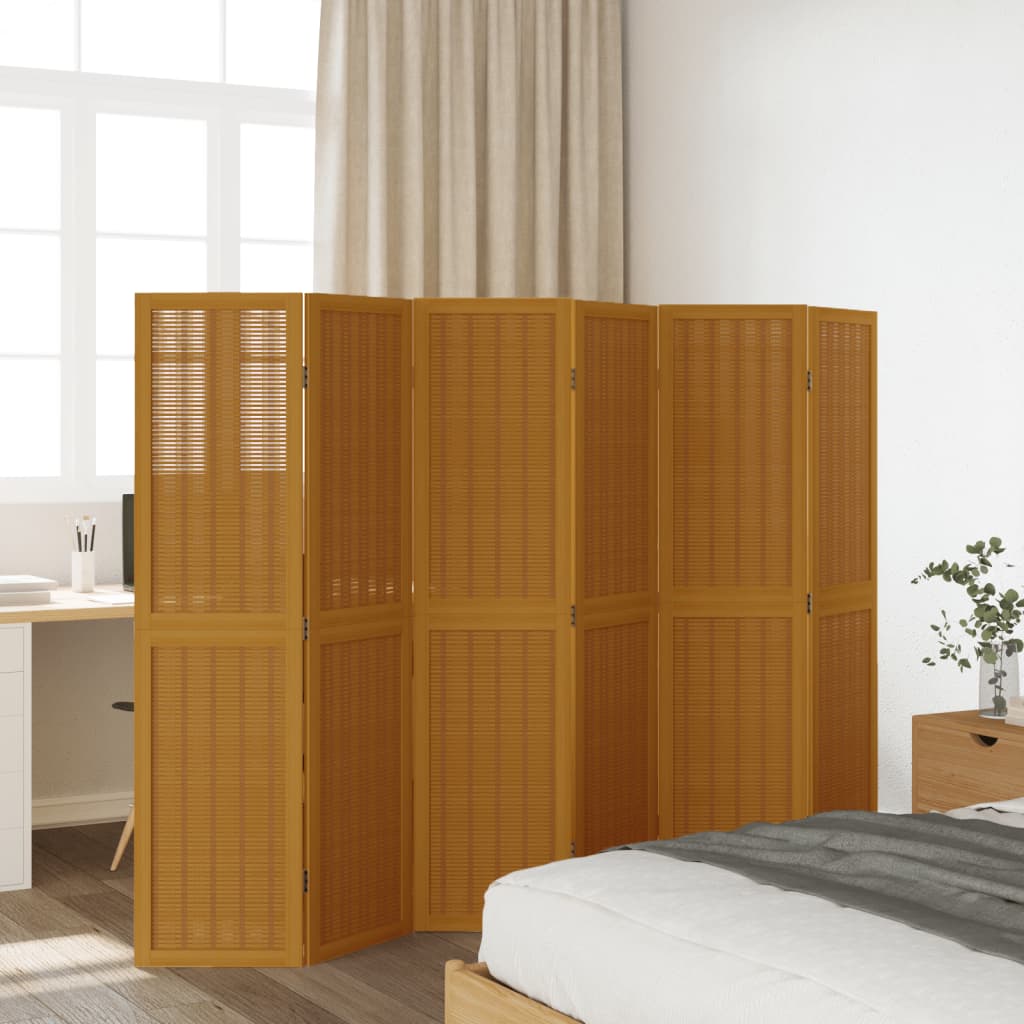 Room Divider 6 Panels Brown Solid Paulownia Wood