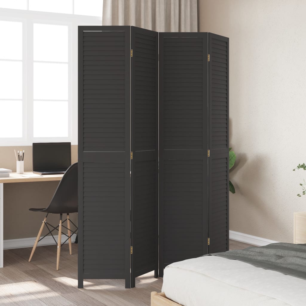 Room Divider 4 Panels Black Solid Paulownia Wood