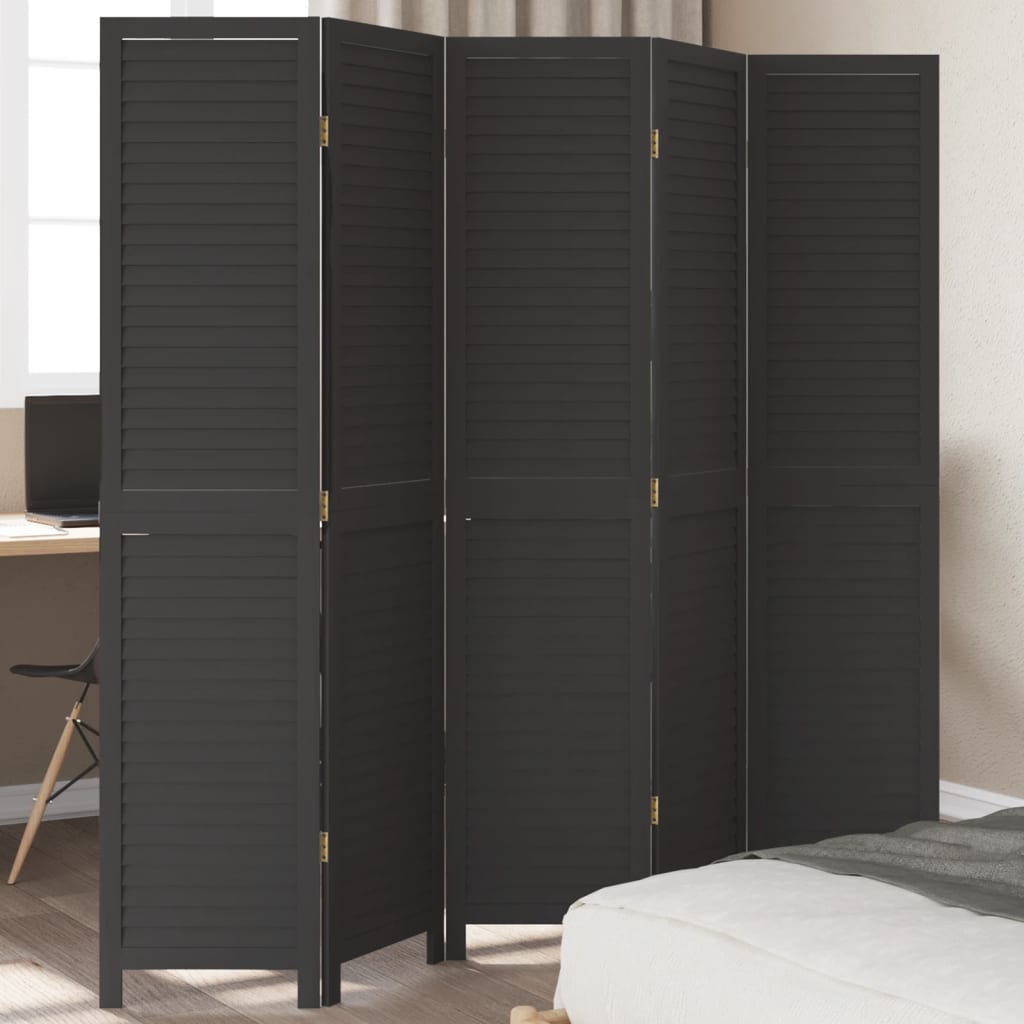 Room Divider 5 Panels Black Solid Paulownia Wood