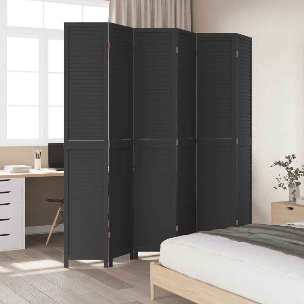 Room Divider 6 Panels Black Solid Paulownia Wood