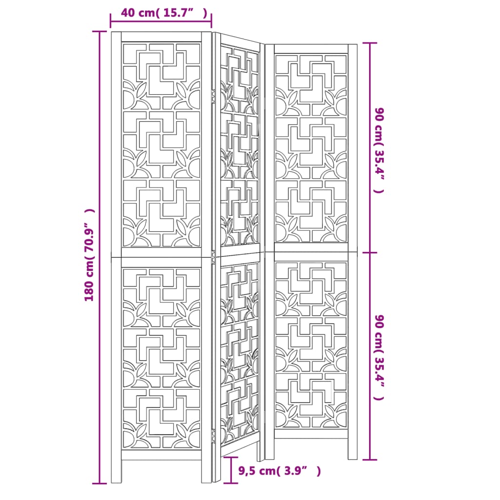 Room Divider 3 Panels Dark Brown Solid Paulownia