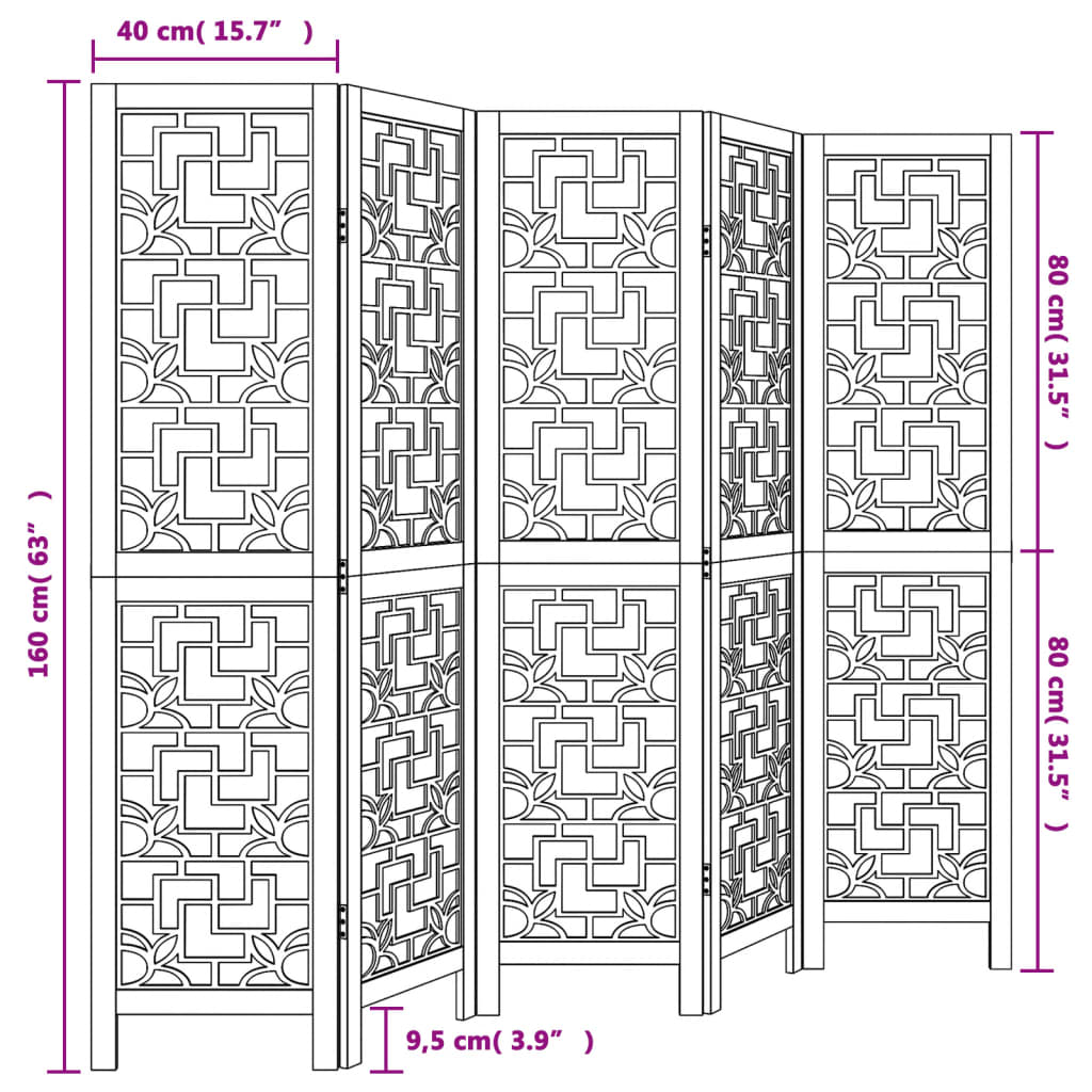 Room Divider 5 Panels Brown Solid Paulownia Wood