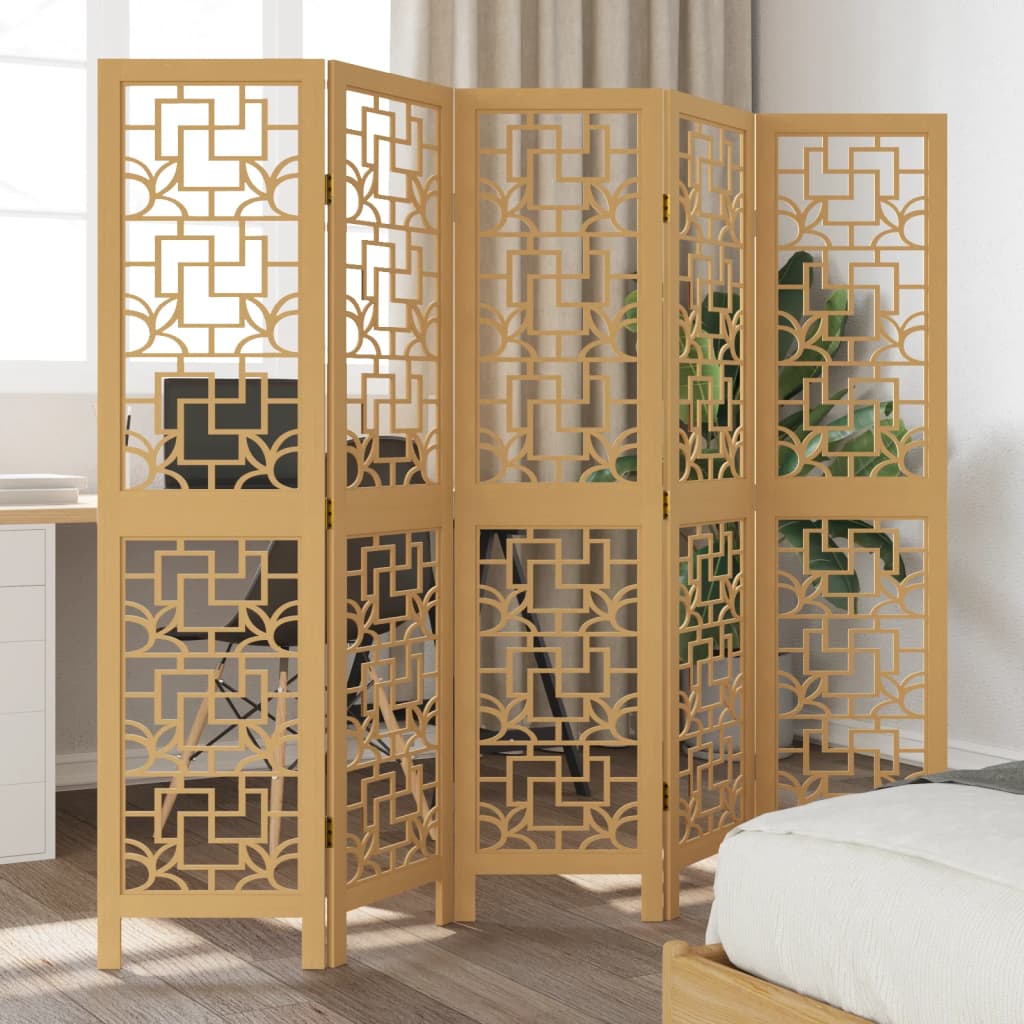 Room Divider 5 Panels Brown Solid Paulownia Wood