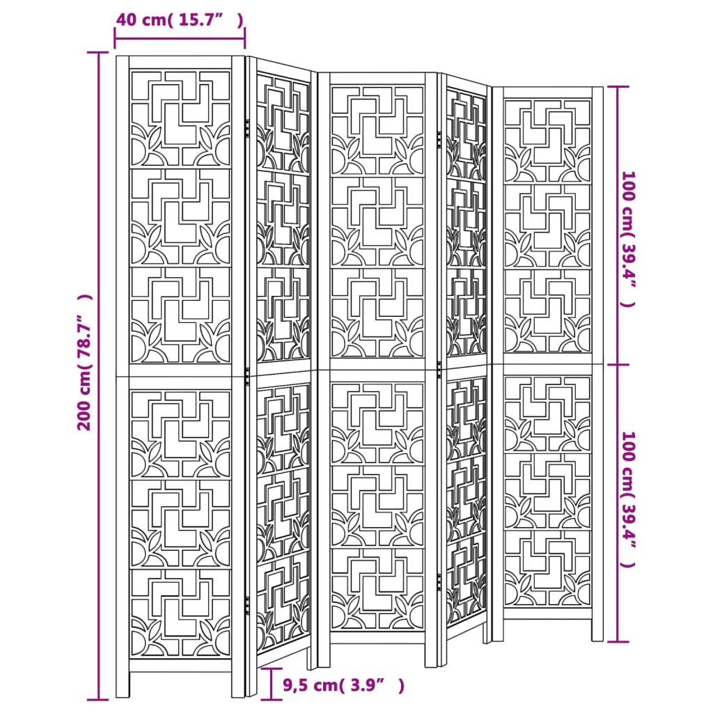 Room Divider 5 Panels Brown Solid Paulownia Wood