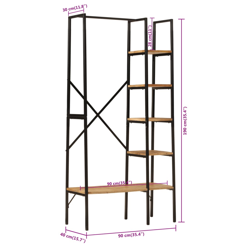 Appendiabiti con Ripiani 90x40x190cm Legno Massello Mango Ferro