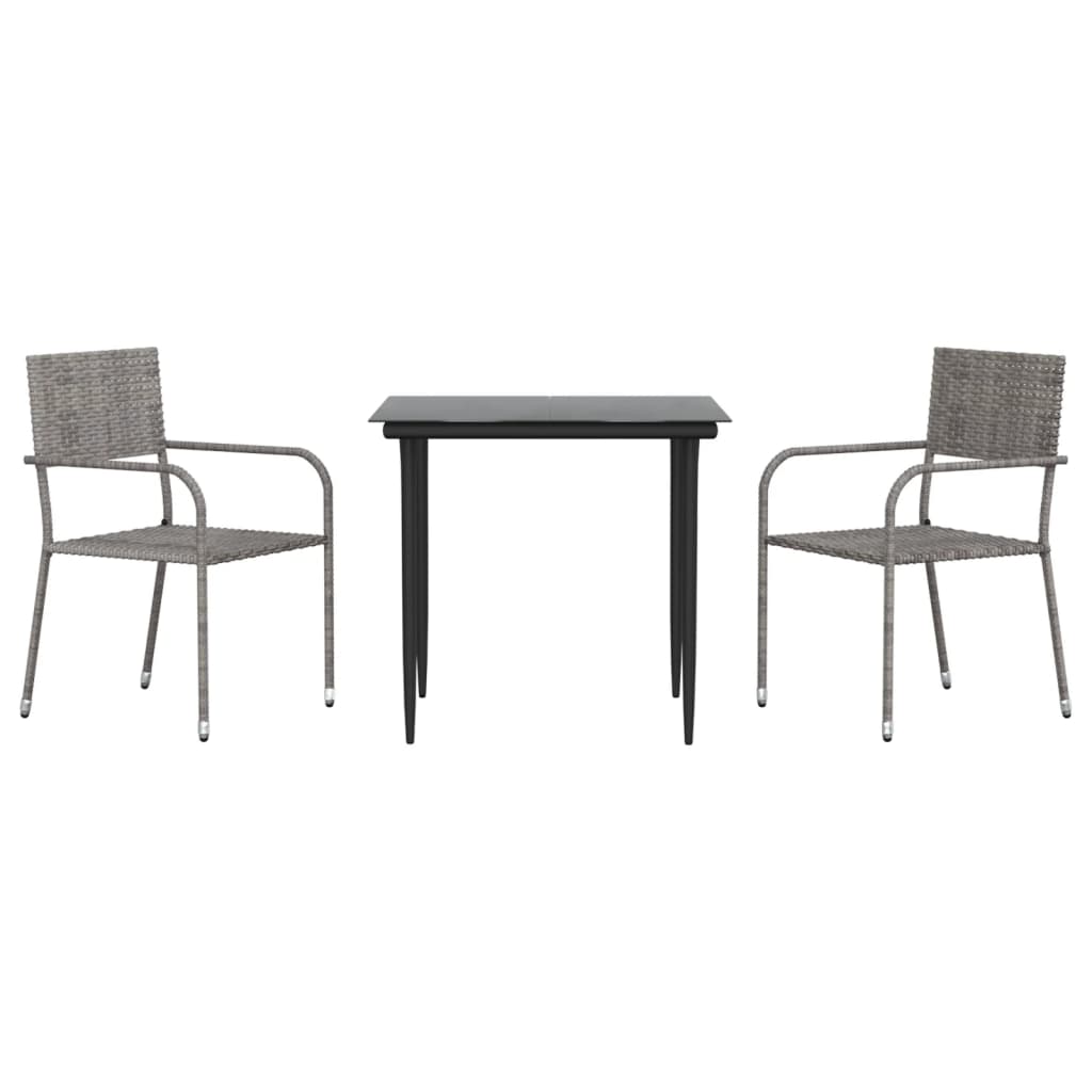 Set da Pranzo da Giardino 3 pz Nero Grigio Polyrattan e Acciaio