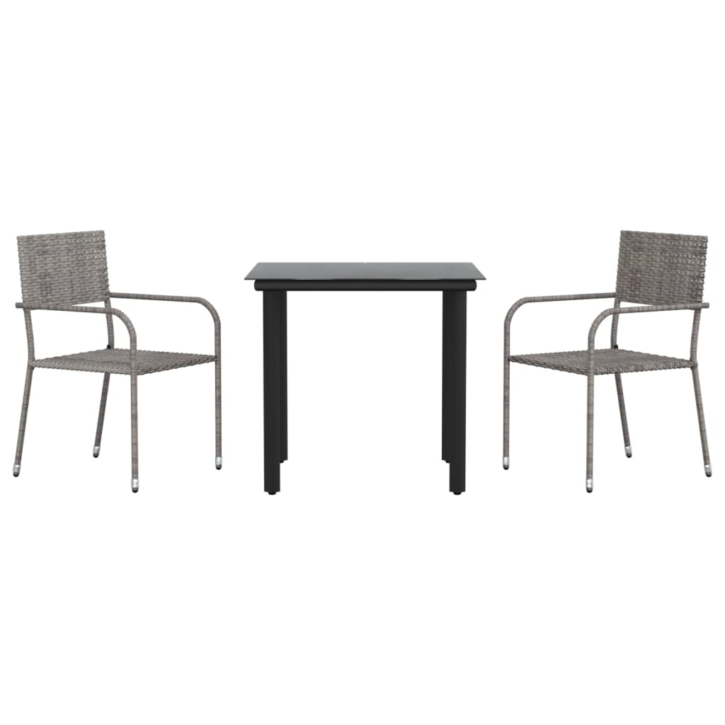 Set da Pranzo da Giardino 3 pz Nero Grigio Polyrattan e Acciaio