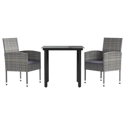 Set da Pranzo da Giardino 3 pz Nero Grigio Polyrattan e Acciaio