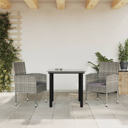 Set da Pranzo da Giardino 3 pz Nero Grigio Polyrattan e Acciaio