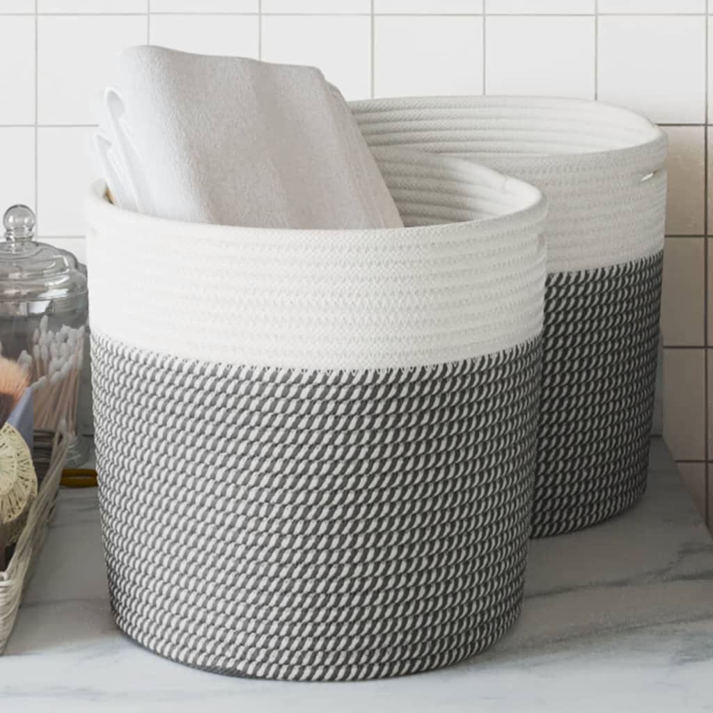 Cestini Portaoggetti 2pz Grigio e Bianco Ø28x28 cm in Cotone | homemem39