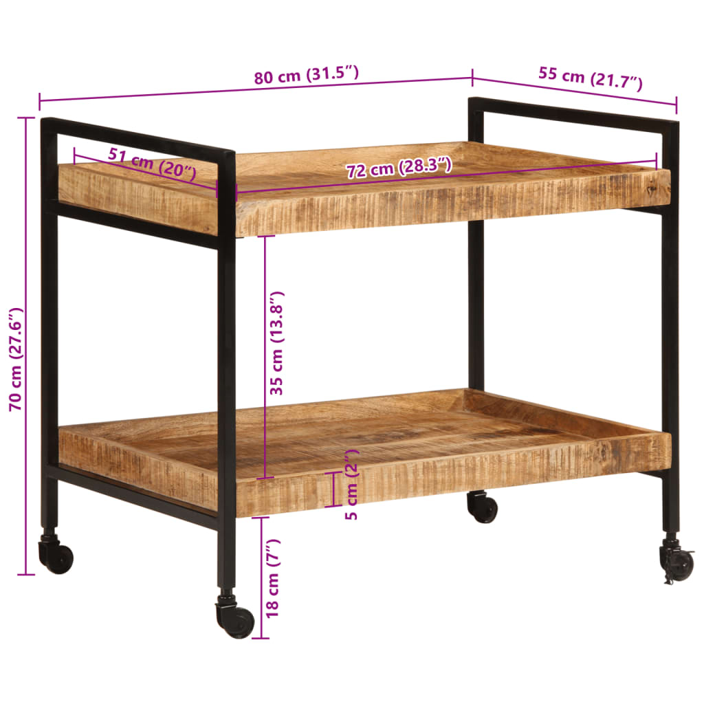 Carrello da Cucina 80x55x70 cm Legno Massello di Mango Grezzo