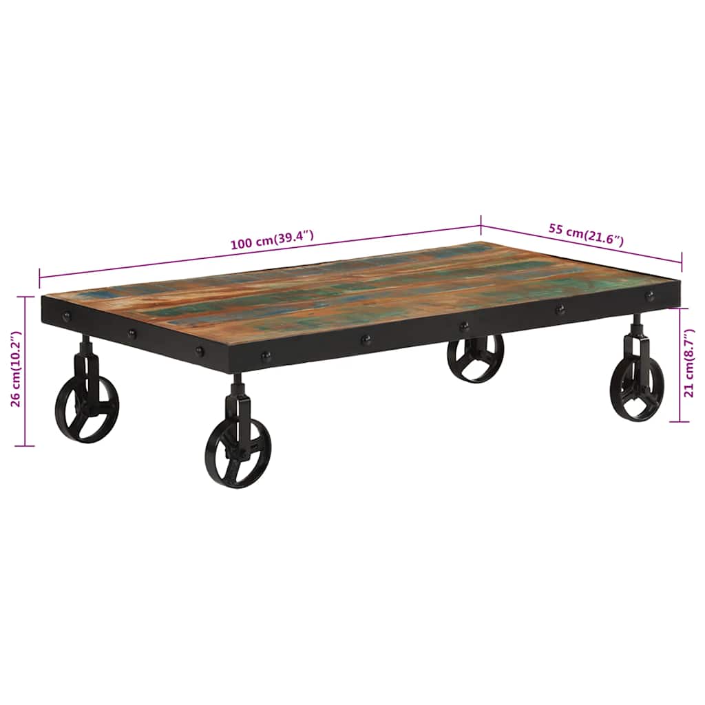 Tavolino Salotto con Ruote Legno Massello Recupero 100x55x26 cm