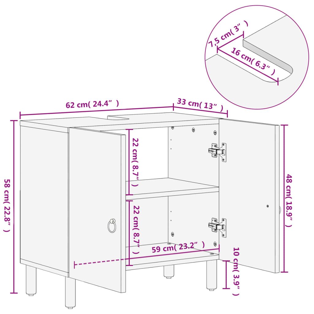 Mobile Lavabo da Bagno 62x33x58cm in Legno Massello di Mango