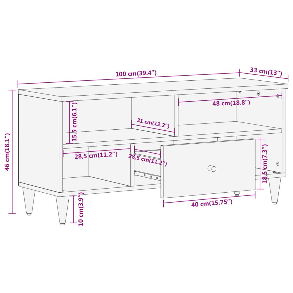 Mobile Porta TV 100x33x46 cm in Legno Massello di Mango