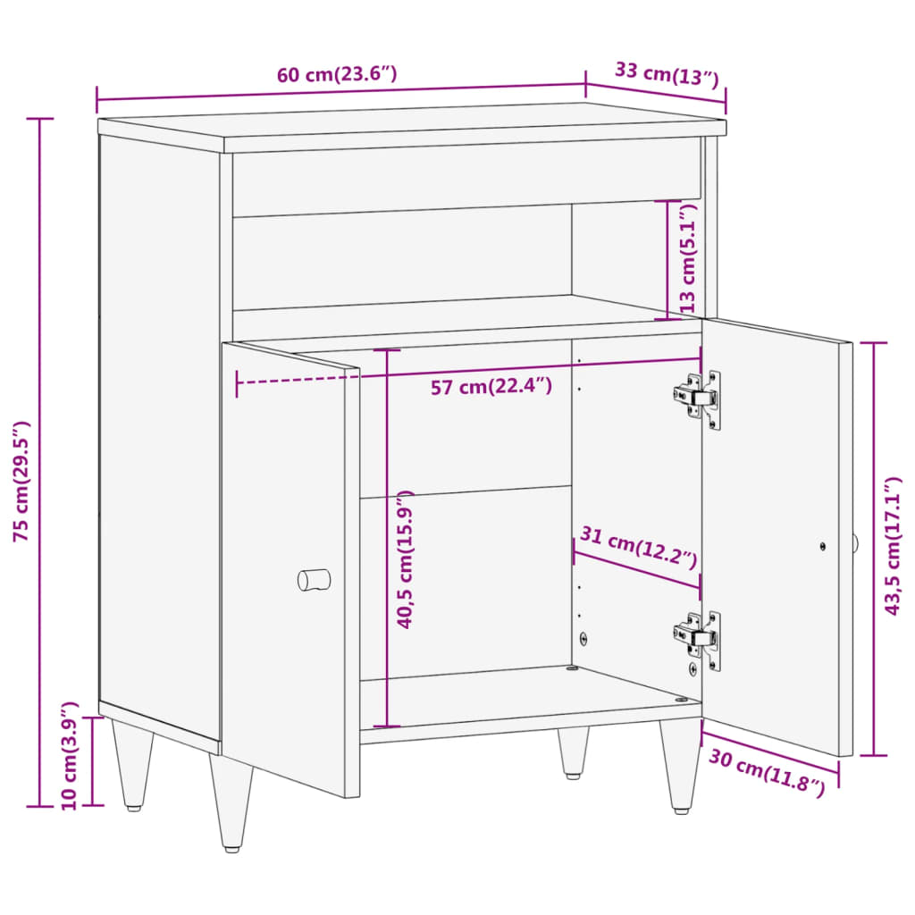 Credenza 60x33x75 cm in Legno Massello di Mango