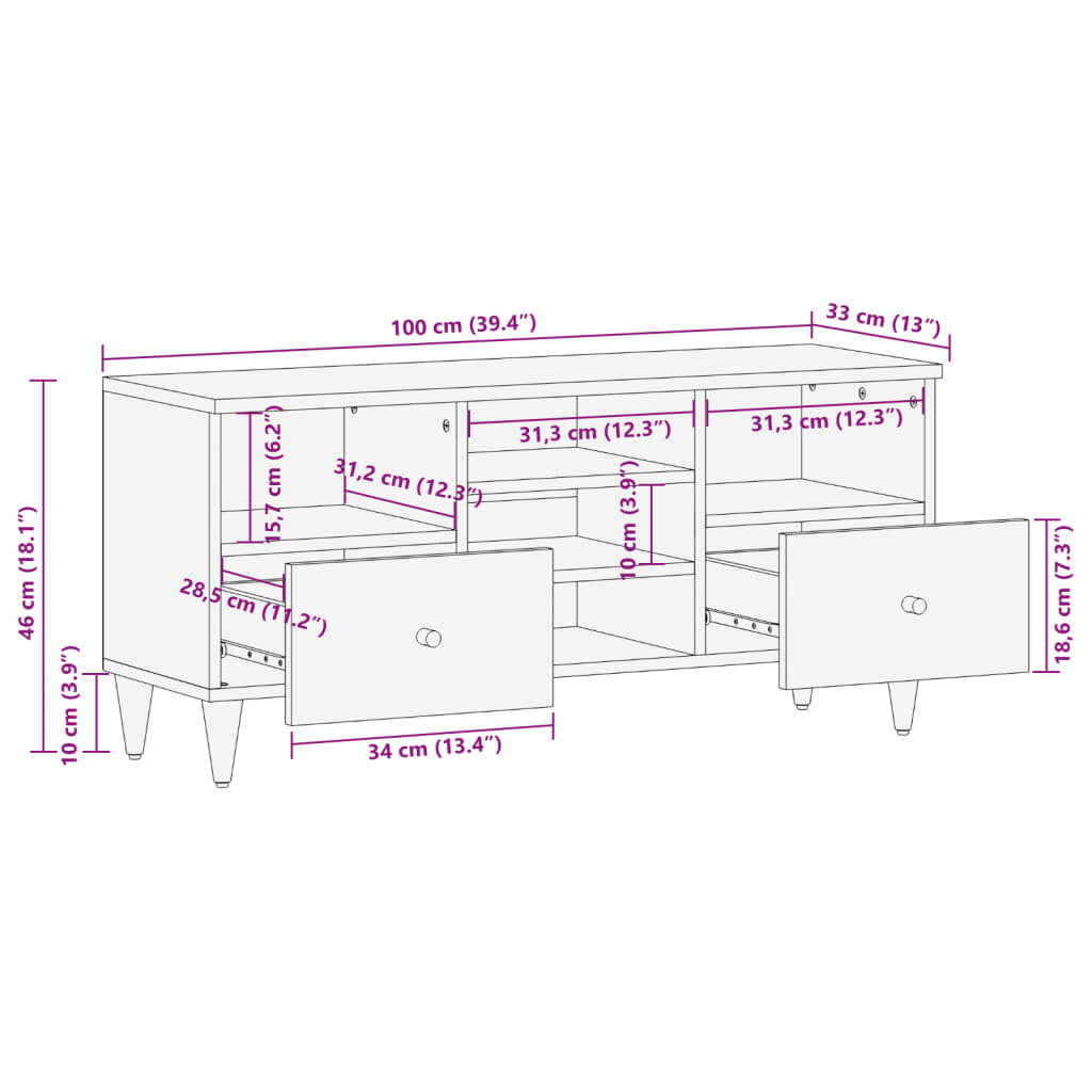 Mobile Porta TV 100x33x46 cm in Legno Massello di Mango