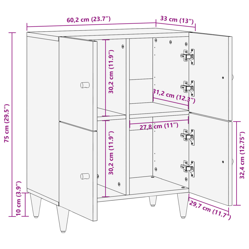 Sideboard 60x33x75 cm in Solid Mango Wood