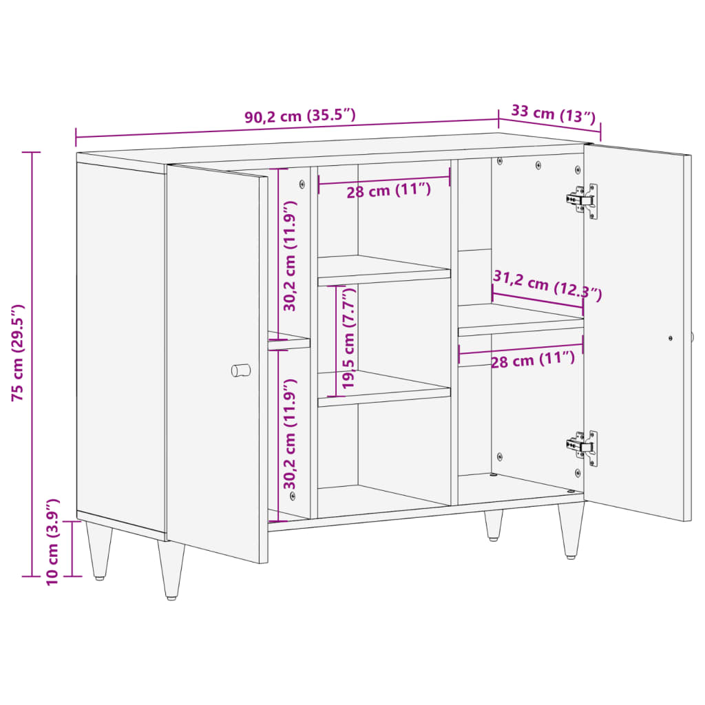 Sideboard 90x33x75 cm in Solid Mango Wood