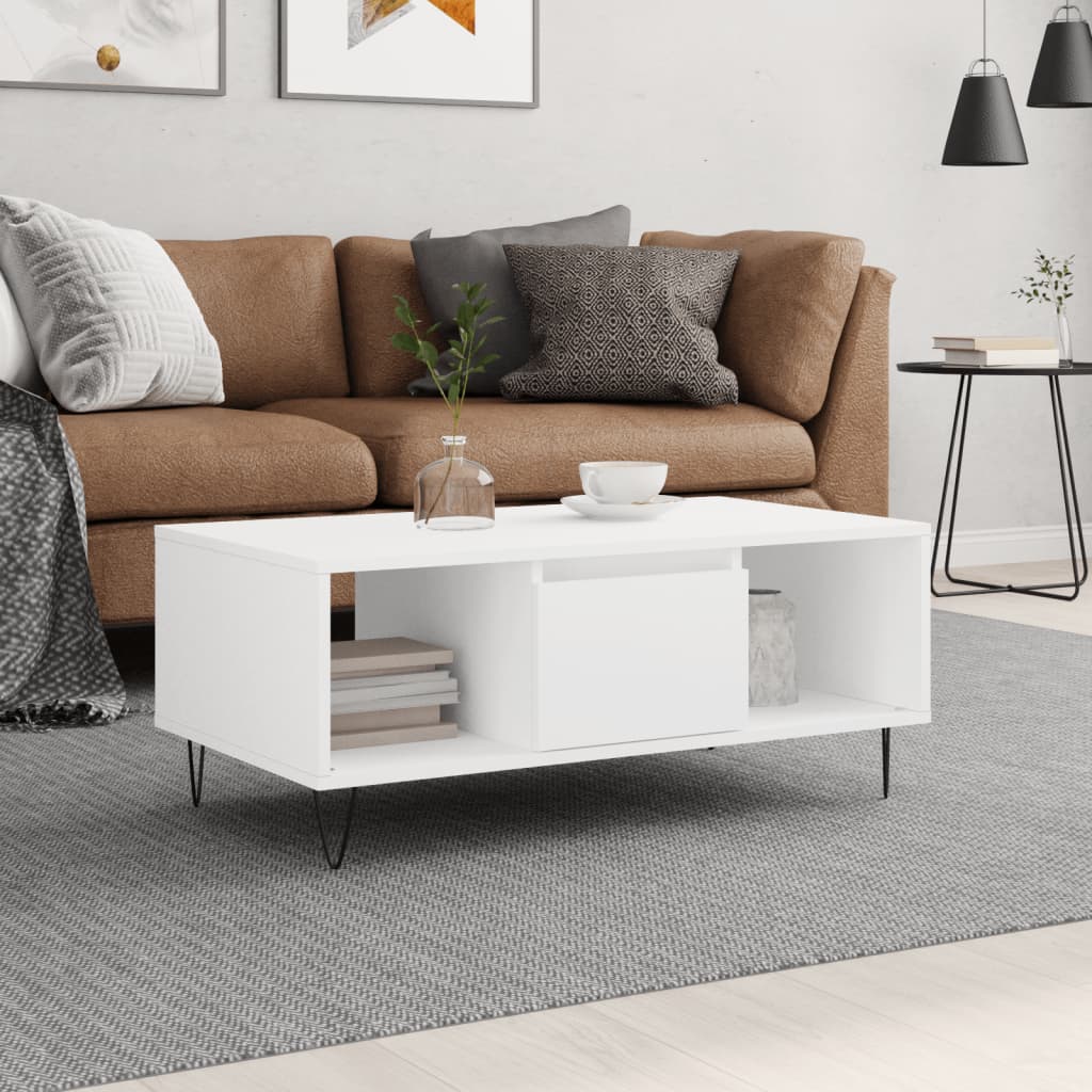 Tavolino da Salotto Bianco 90x50x36,5 cm in Legno Multistrato | homemem39