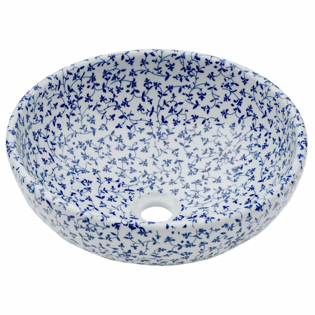 Lavabo da Appoggio Bianco e Blu Rotondo Φ41x14 cm Ceramica