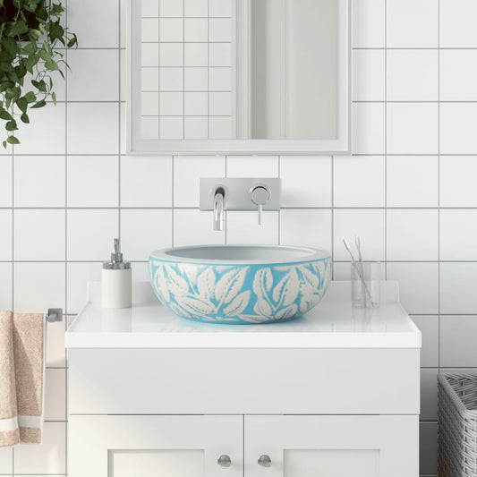 Lavabo da Appoggio Bianco e Blu Rotondo Φ41x14 cm Ceramica - homemem39