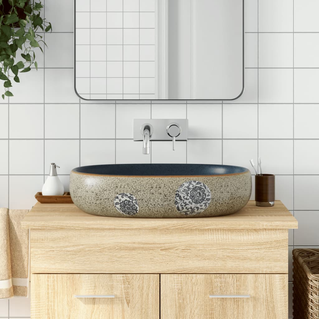 Lavabo da Appoggio Sabbia e Blu Ovale 59x40x14 cm Ceramica - homemem39